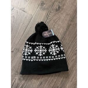Juncture Unisex Men Women Black Toboggan Winter Hat Cap Ski Snowboard Snowflakes